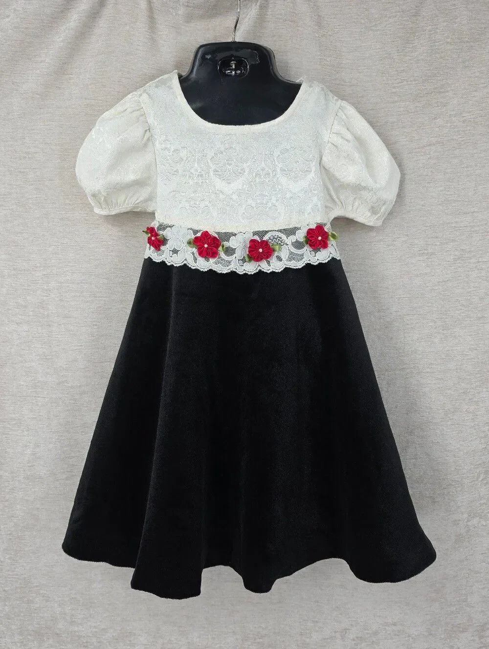 Vintage Girls Dress Black Velvet White Jacquard Lace Bodice Dress Holiday